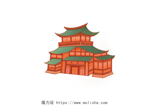 手绘国潮古风中国风建筑古建筑寺庙国潮元素PNG素材
